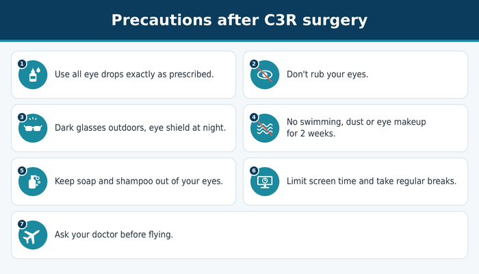 Seven precautions after C3R surgery, including using eye drops as prescribed and not rubbing your eyes